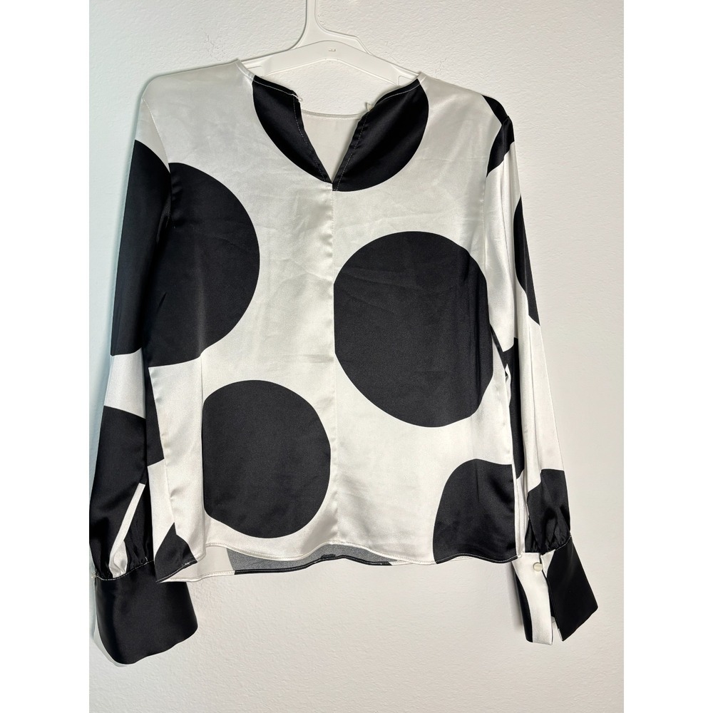 Worthington Blouse Top Womens Small Black Beige Polka Dot Keyhole Back Casual